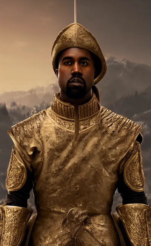 Image similar to Portrait of Kanye West as Emperor Napoleon in Skyrim, splash art, movie still, cinematic lighting, dramatic, octane render, long lens, shallow depth of field, bokeh, anamorphic lens flare, 8k, hyper detailed, 35mm film grain