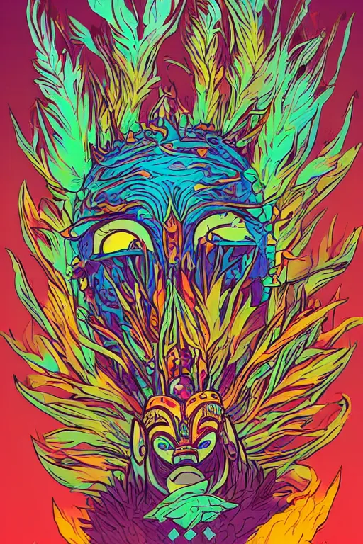 Image similar to animal mask totem roots flower tribal feather gemstone plant wood rock shaman vodoo video game vector cutout illustration vivid multicolor borderlands comics by josan gonzales and dan mumford radiating a glowing aura