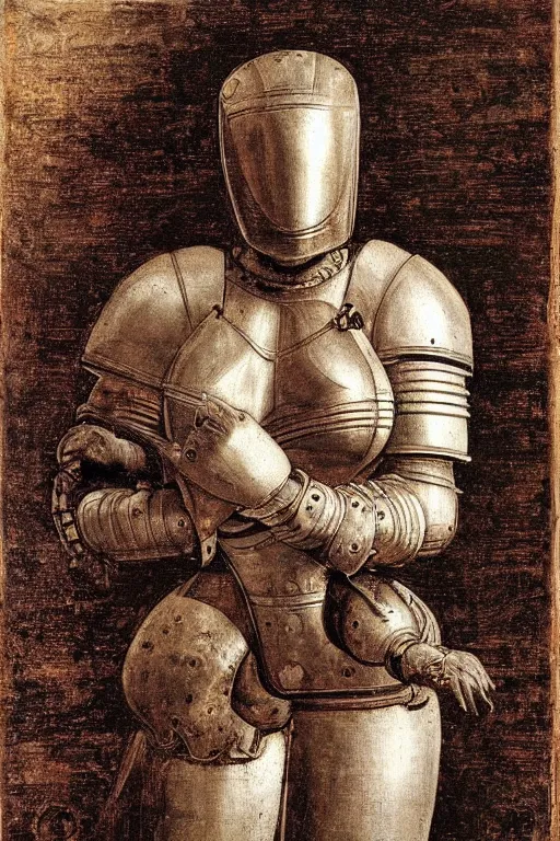 Prompt: large and strong woman wearing a mechanical armor | Leonardo Da Vinci |