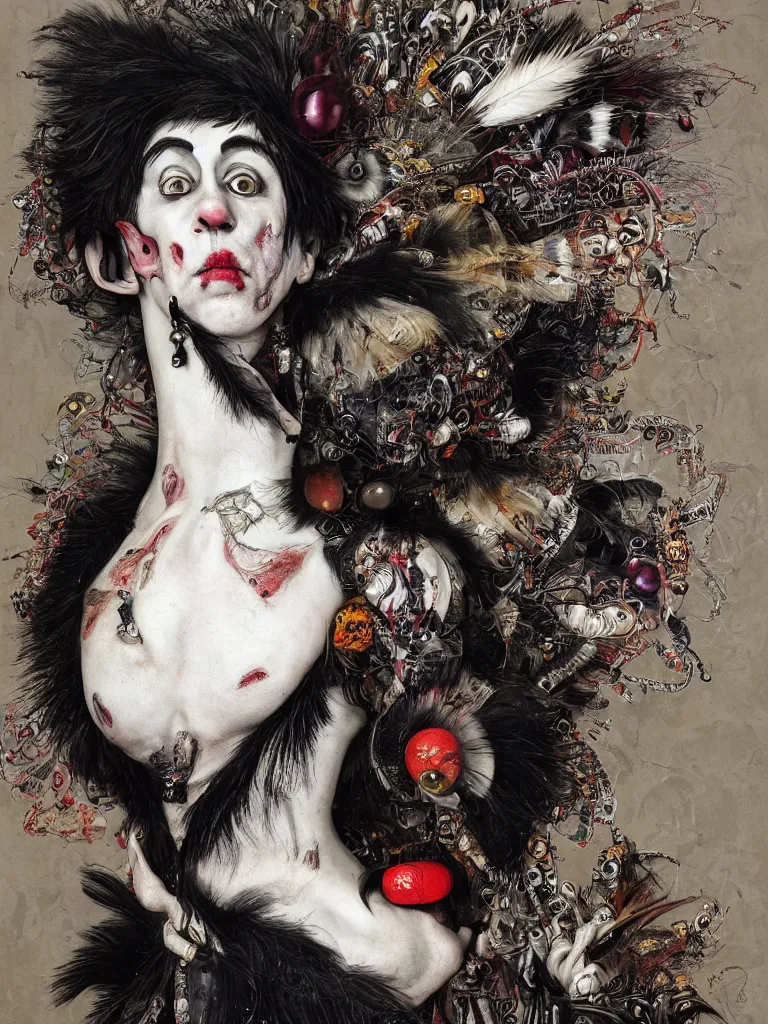 Image similar to Detailed maximalist portrait of a clown with cracked porcelain skin, dark doe eyes, a mouth like PJ Harvey, surrounded by black feathers and milk droplets, HD mixed media, 3D collage, highly detailed and intricate, surreal illustration in the style of Caravaggio, dark art, baroque