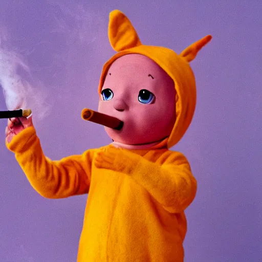 Image similar to a teletubbie smoking a cigarette