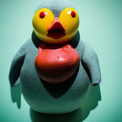 Prompt: rubber duck horror, rubber duck mutant, rubber duck zombie horror, photography