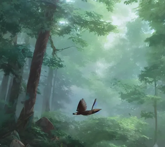 Image similar to a bird flying through a forest, wind streaks. Adventurous. By Makoto Shinkai, Stanley Artgerm Lau, WLOP, Rossdraws, James Jean, Andrei Riabovitchev, Marc Simonetti, krenz cushart, Sakimichan, trending on ArtStation, digital art.