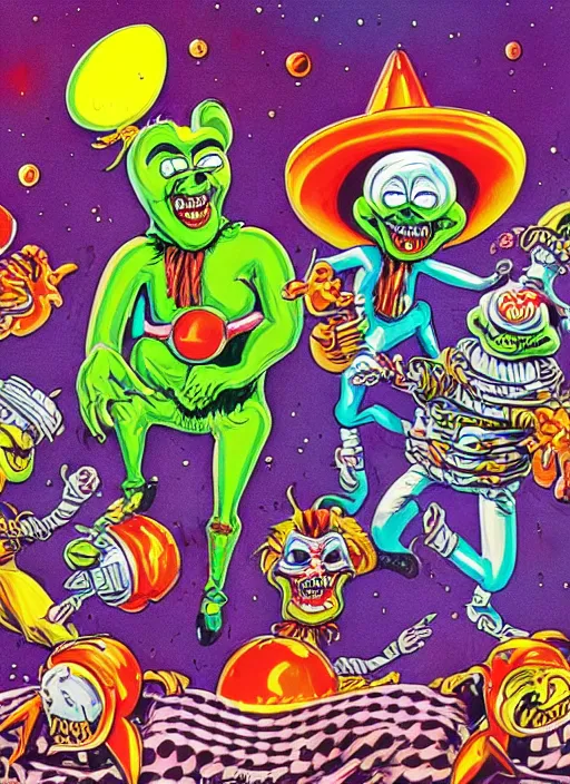 Image similar to illustration of Killer Klowns from outer space by Ed Roth, rat fink style, detailed