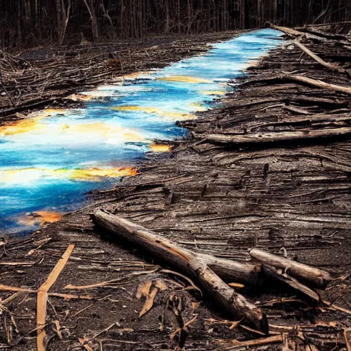 Prompt: oil spill with a dead forest, advertising photography