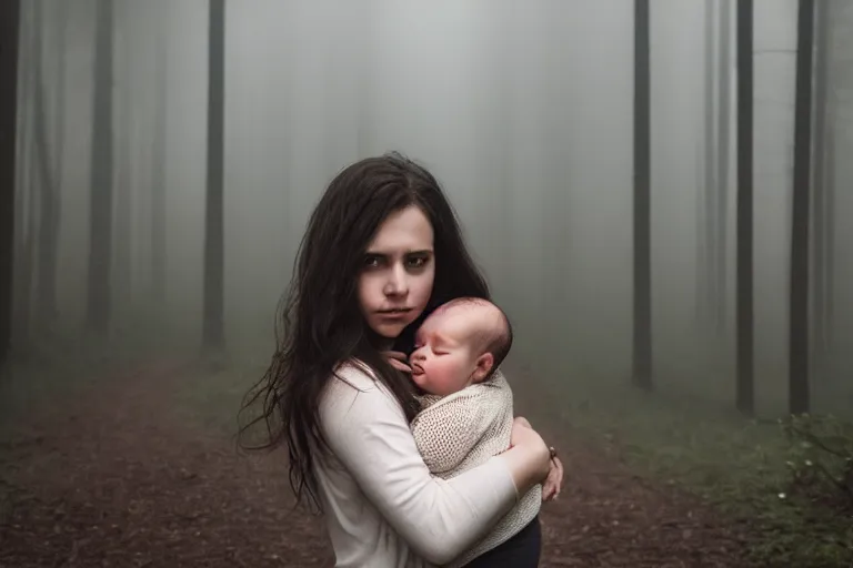 Image similar to a cinematic photo of a young woman with dark hair holds a baby in a dark, foggy forest, closeup, masterpiece