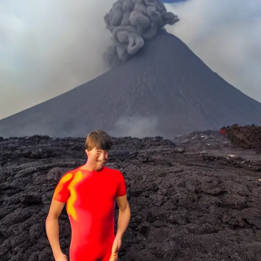 Prompt: man in a swimsuit blending with flowing lava on a volcano with magma eruptions