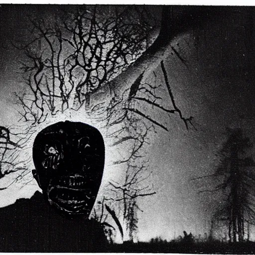 Image similar to vladimir putin scared leaking skin radiation, polaroid black and white picture, night, glowing eyes, creepypasta, in forest beautiful hydrogen bomb explosion in back 1 9 th century, scary horrifying satanic ritual,