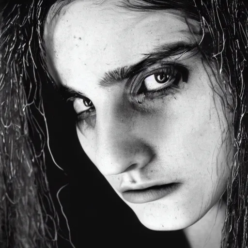 Prompt: an emotionally intense dramatic portrait closeup photograph by mert alas of morgan le fay, a powerful and ambiguous fae enchantress from the arthurian legends, gazing at the camera with an intelligent and knowing look, hasselblad 4 0 mm f 1. 8 lens ilford hp 5 plus 3 5 mm film