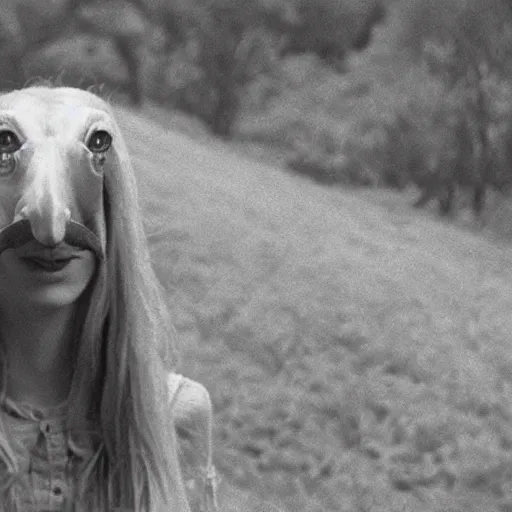 Image similar to beautiful woman with a long snout, wearing eyeballs on her head, in the countryside 1974 arthouse film, archival footage, technicolor film expired film