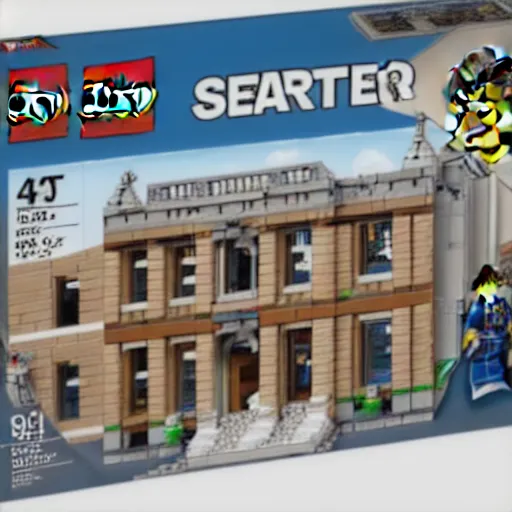 Image similar to Box art for a LEGO set of a court room