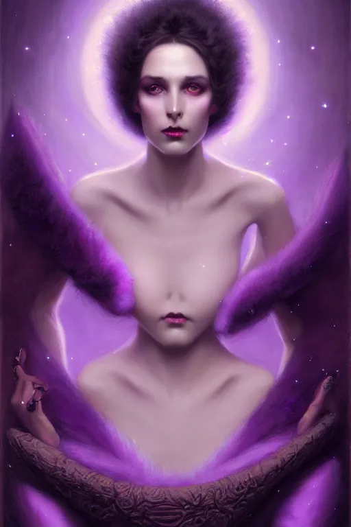Prompt: Nocturne, glowing, stars, a portrait of a beautiful female shadow djinn creature with long fur collar, highly detailed, mysterious, ethereal, dressed in violet velvet, haute couture, illustration, dramatic lighting, soft details, painting, by Edmund Blair Leighton, Brom, Charlie Bowater, trending on artstation, faces by Tom Bagshaw, otto schmidt