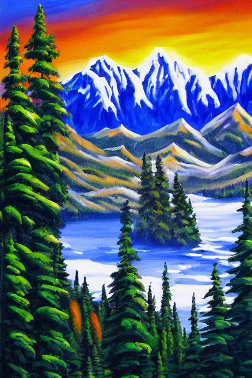 Image similar to bob ross painting of alberta canada