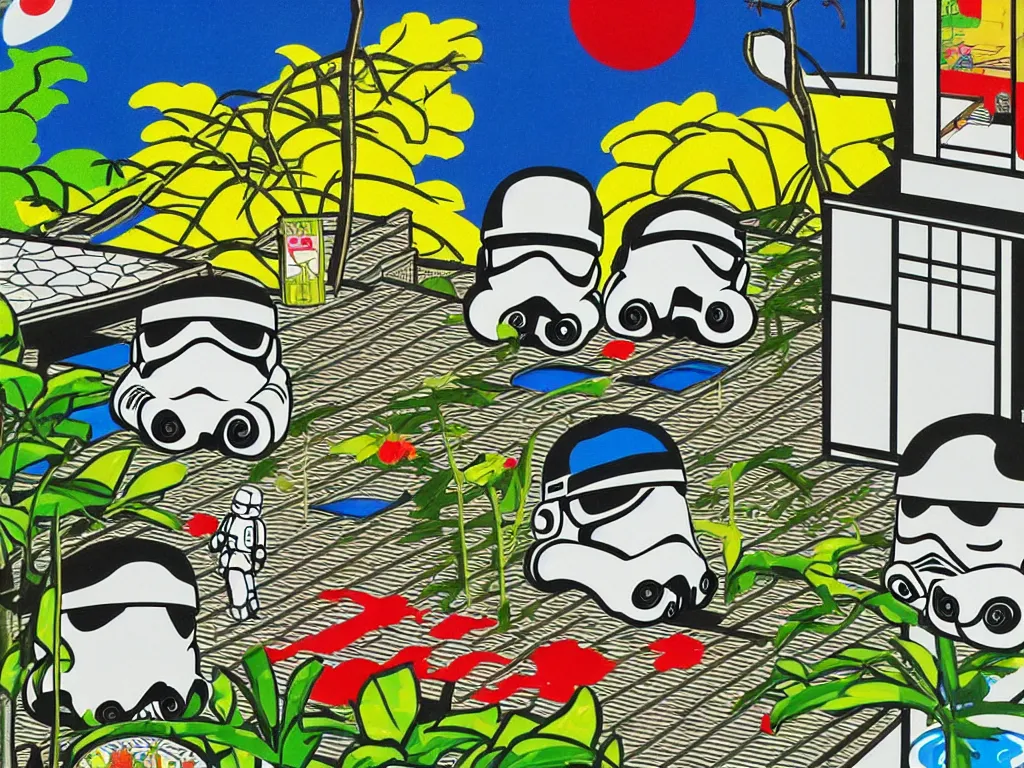 Image similar to detailed close - up image of the japanese home with a garden and a pond, 2 stormtroopers sitting around it, pop - art style, jacky tsai style, andy warhol style, roy lichtenstein style, rich palette, acrylic on canvas