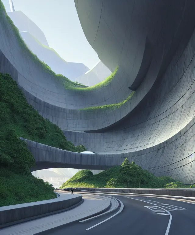 Image similar to ralph mcquarrie and denis villeneuve establishing shot of modern bjarke ingels condo building and gotthard tunnel entrance combined, roads tunnel under bjarke ingels condo building, lush scenery, scifi artstation digital concept art, unreal engine, hyper realism, realistic shading, cinematic composition, blender render, octane render, wide shot