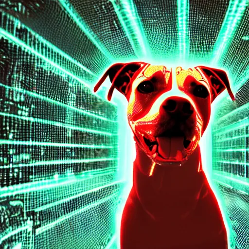 Prompt: an amazing glitch art photo of a cute mad pitbull. glowing neon lights, glitchery, intricate, epic lighting, cinematic composition, hyper realistic, 8 k resolution, unreal engine 5