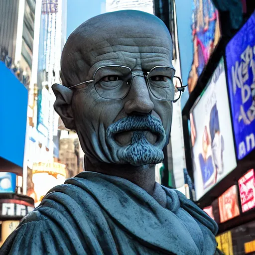 Image similar to a photograph of a very detailed renaissance sculpture of walter white wearing a smurf hat standing in times square, made by michelangelo, from the distance, hyper detailed, sharp focus, 8 k resolution, ray tracing