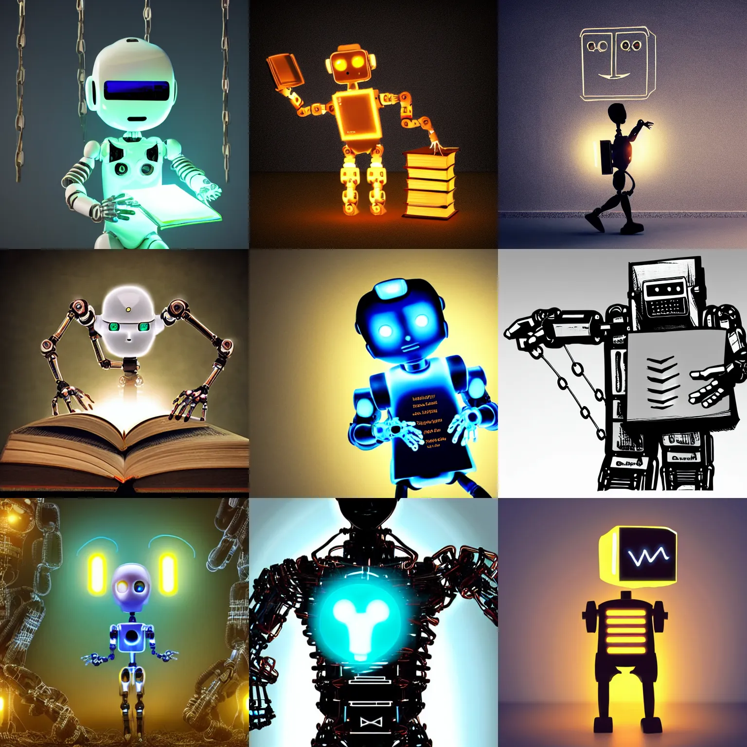 Prompt: running glowing robotic humanoid holding glowing book, broken chains