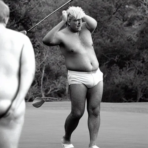 Prompt: shirtless fat donald trump playing golf, wearing only undies