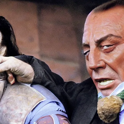 Prompt: Silvio Berlusconi the orc chieftain cry at the sky as he watches his brother slain in battle