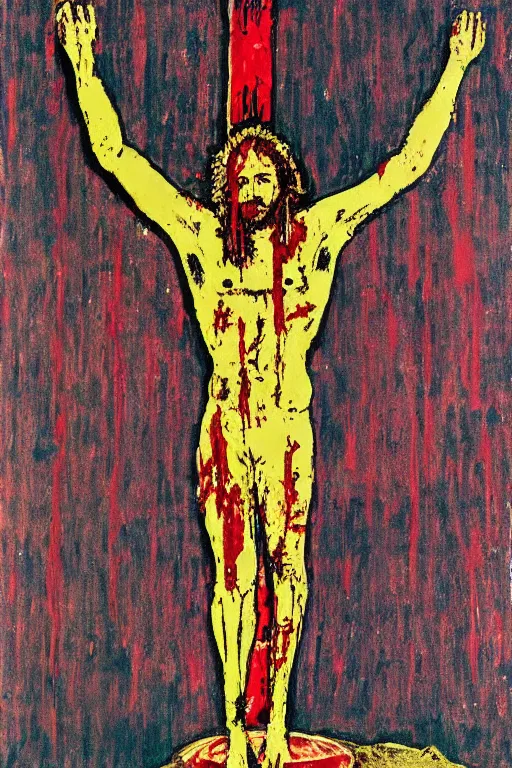 Image similar to bloody christ crucified on a very big mushroom painted in by cy twombly and andy warhol