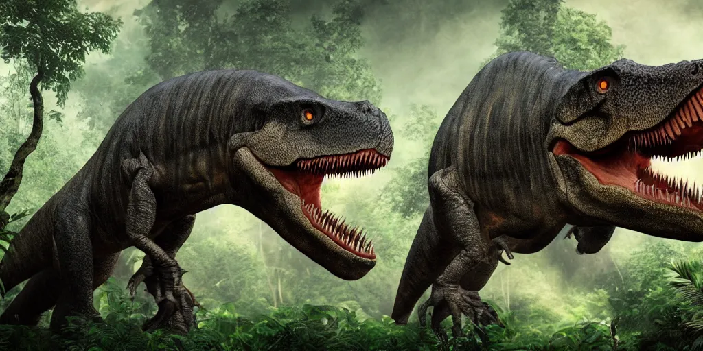 Image similar to photo realism, vary sad tyrannosaurus rex, background jungle, 4 k