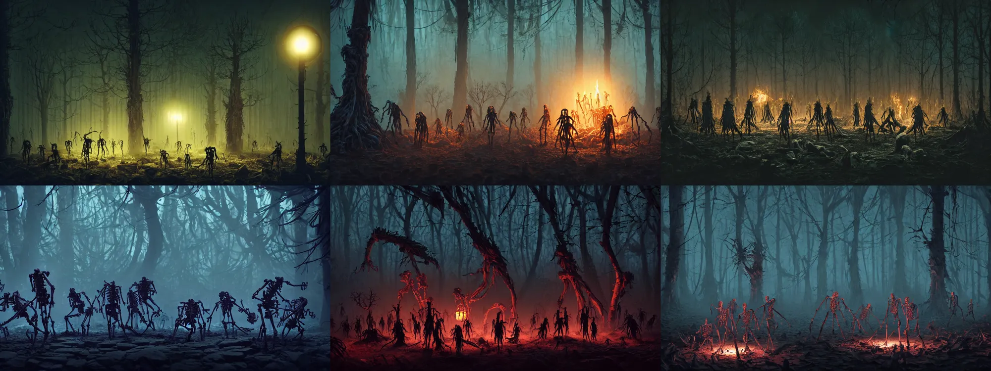 Prompt: necromancer summoning skeletons in a dark ritual amongst trees at night, close up, Wadim Kashin, Simon Stalenhag, XF IQ4, f/1.4, ISO 200, 1/160s, 8K, RAW, featured in artstation, octane render, cinematic, elegant, intricate, 8k