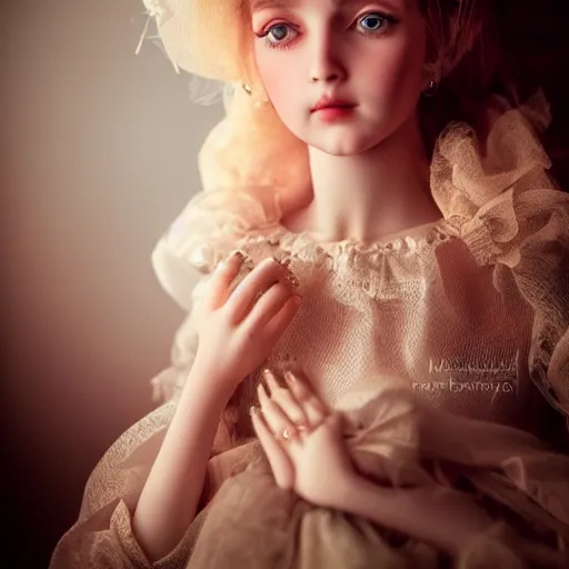 Prompt: masterpiece portrait of an ENCHANTED DOLL by Marina Bychkova, dramatic lighting, 8k