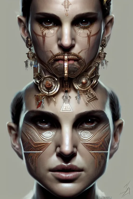 Image similar to symmetry!! portrait of natalie portman in the style of god of war, machine parts embedded into face, intricate, elegant, highly detailed, digital painting, artstation, concept art, smooth, sharp focus, illustration, art by artgerm and greg rutkowski and alphonse mucha, 8 k