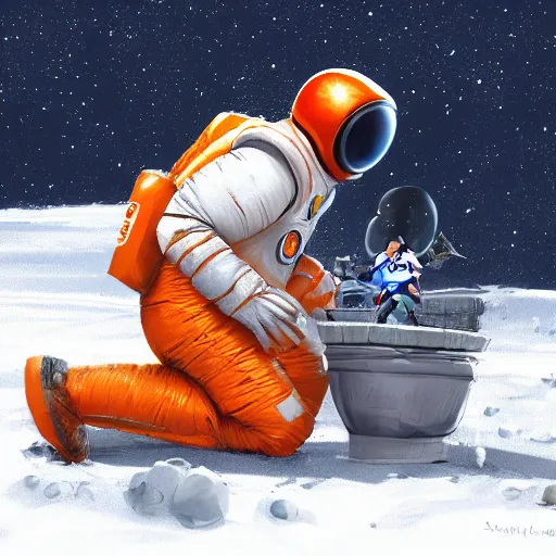 Image similar to astronaut in orange polar exploration suit kneeling down in snow behind a single small alien looking plant, concept art, painterly, artstation