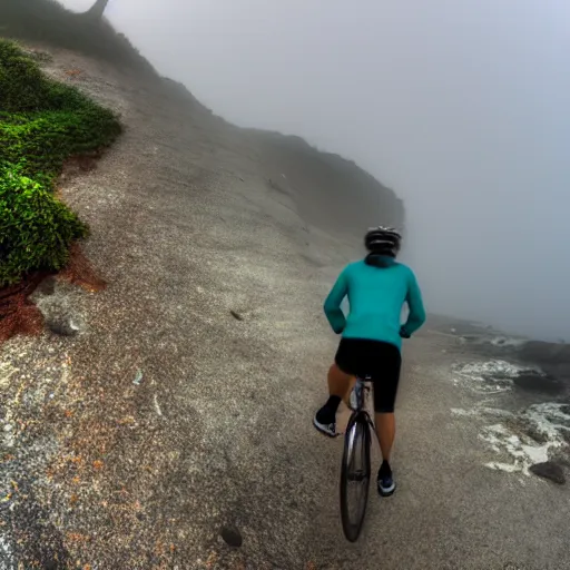 Image similar to a scene from a fever dream, bicycling on a rocky path in first person view, go-pro camera view, entering the scary murky ocean!! Fog! Ultra realistic! 25mm f/1.7 ASPH Lens!