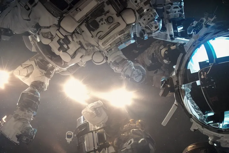 Image similar to photograph of sci-fi armored cosplay combat in space-station arena by Roger Deakins