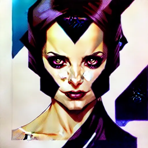 Prompt: artgerm, joshua middleton comic cover art, pretty domino character marvel comics sarah michelle gellar, place white skin, asymmetrical black spot covering left eye only, no spot right eye white around right eye asymmetrical eye