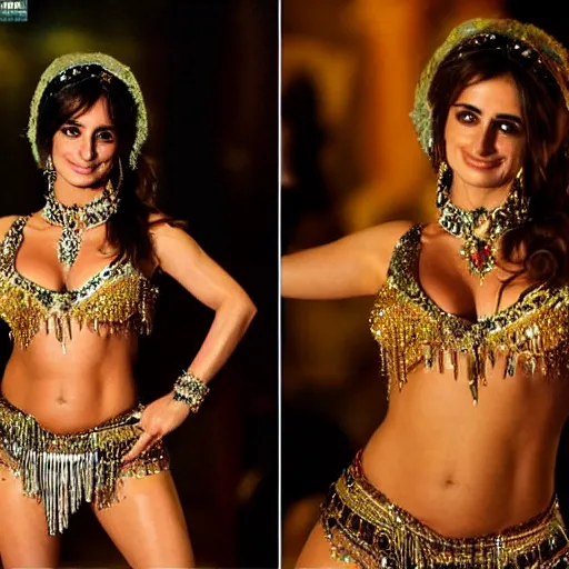 Prompt: a full body shot of penelope cruz as a belly dancer, arabian night, high quality, fully detailed, 4 k