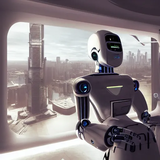 Prompt: lonely barmen human - like robot sitting in the futuristic bar and looking in the huge window where he see enoughromous city on the spaceship and flying cars, 8 k, hyperrealistic, unreal engine