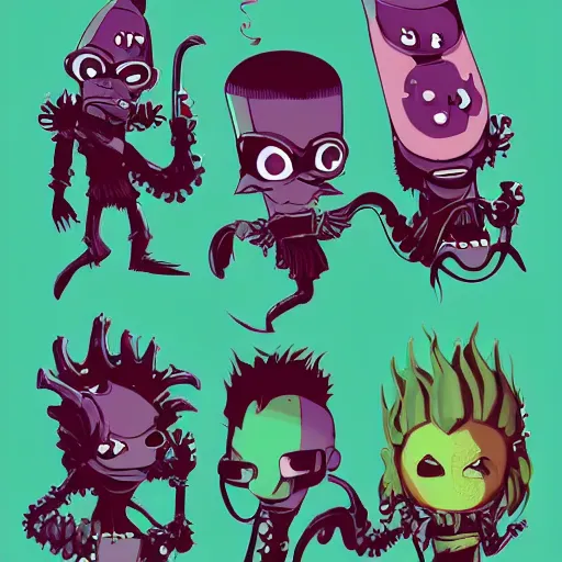 Prompt: psychic punk rocker electrifying rockstar with a giant vampiric squid for a head concept character designs of various shapes and sizes by genndy tartakovsky and splatoon by nintendo and the psychonauts franchise by doublefine tim shafer artists as well as the artist for the new hotel transylvania film