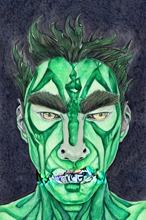 Image similar to green man with prominent cheekbones, deep dimples, and strong jawline. blue eyes, green skin, black hair with white streaks. fantasy portrait illustration, watercolor and colored pencils.