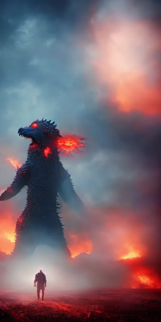 Image similar to low - resolution filmstill of a kaiju monster, fog, smoke, fire, red and blue hues, thriller, underdeveloped, flare, epic, dramatic