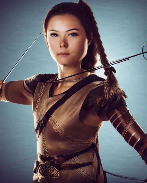 Prompt: photo of world, full body, women with a bow and arrow, female archer, warrior, realistic face