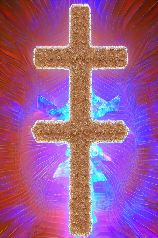 Prompt: a crystalline 3 d mandelbulb fractal in the shape of a christian cross, bioluminescent opal, fractal, magnificent lighting, ethereal, ray tracing, octane, holographic