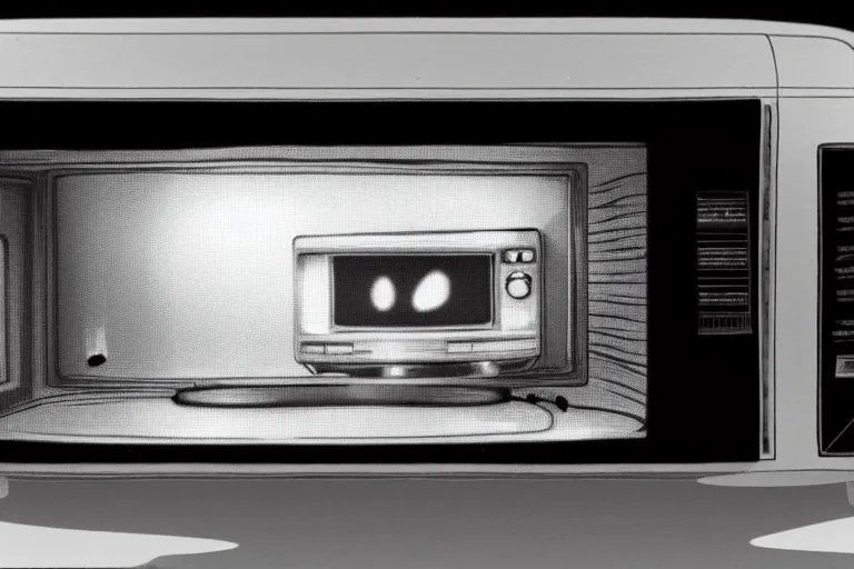 Prompt: retro robot sticking her head inside of a microwave, from 2001, bathed in the glow of a crt television, low-light photograph, in the style of jack bridgeland