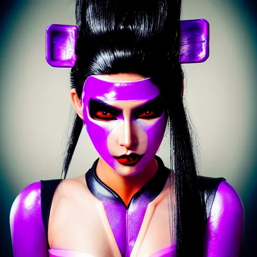 Prompt: a geisha futuristic makeup, in a futuristic city int he style of cyberpunk 2 0 7 7, award winning photography