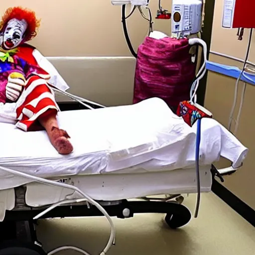 Prompt: crazy clown restrained in hospital bed