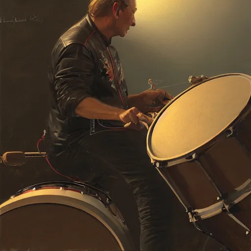 Image similar to A closeup of Neil Peart playing drums on a motorcycle, by Greg Rutkowski, Raphael Lacoste, cgstation, 8k