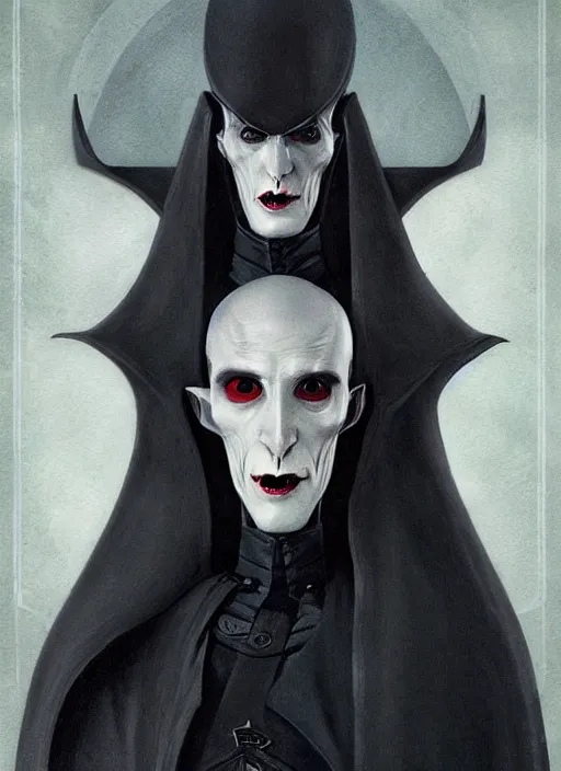 Image similar to a portrait of an extremely gaunt nosferatu esque vampire in a futuristic uniform, art by manuel sanjulian and tom bagshaw