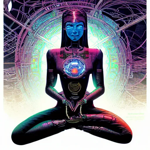 Image similar to a portrait of a beautiful cybernetic woman meditating in lotus pose, wires, cyberpunk concept art by josan gonzales and philippe druillet and dan mumford and enki bilal and jean claude meziere