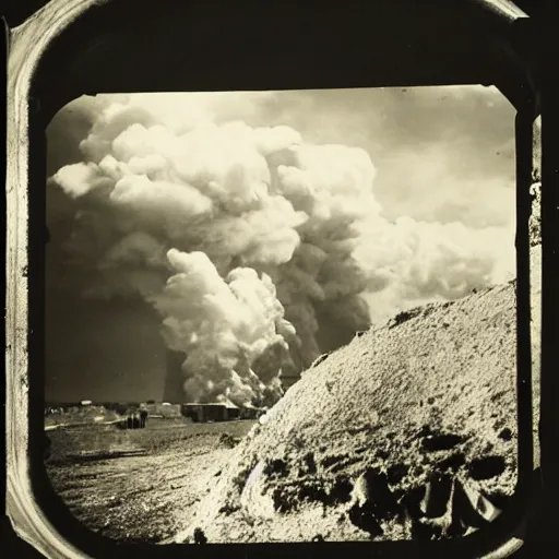 Prompt: a photo taken from inside of a trench showing a nuclear explosion in the distance, you can see the explosion's shockwave in the clouds, realistic, taken on a ww 2 camera.