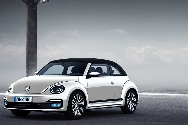 Prompt: Advertisement banner of the new electric Volkswagen Beetle 2023, with led lights, silver chrome color, minimalist lines, gullwing side doors open, wooden interior, retro futuristic style, 4k,professional photograph, award winning advertising, creative