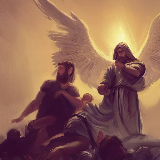 Image similar to angels protecting a praying man, by Quentin Mabille, Trending on artstation, deviantart