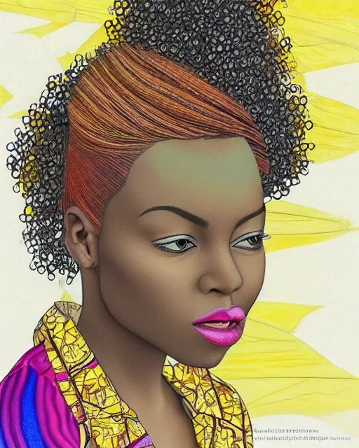 Prompt: a pretty young african woman with an extravagant hair style, colored pencil highly realistic rendering graphic collage in the style of Erica Rose Levine